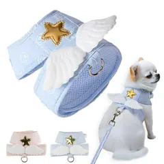 CLOGRATIA チワワ ハーネス パピー用ハーネス リード 小型犬 トイプードル 首輪 お散歩 天使 星 着脱簡単 おしゃれ (ブルー, M,天使) [ブルー] [M]