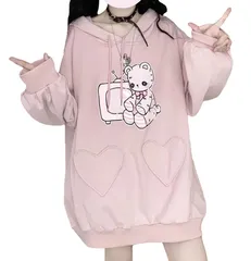 【特価商品】女の子 長袖 可愛い フード付き 学生 ゆったり レディース 大きいサイズ パーカー 地雷系 ハート スウェット くま柄 トップス かわいい 春 [TOWYYO] 秋