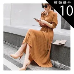 種類10：オレンジ/L ウエストマークプリーツワンピース ミモレ ミモレ丈 ロング ロング丈 マキシ マキシ丈 9分丈 袖あり 5分袖 五分袖 襟なし タイト 細身 かわいい 大人可愛い きれいめ シンプル カジュアル 大人 上品 おしゃれ お洒落 かっこいい