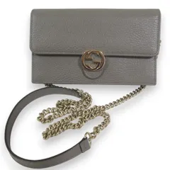 美品 GUCCI グッチ インターロッキングG レザー チェーンウォレット 長財布 グレー レディース 古着 中古 USED