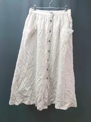 ◇ Samansa Mos2 麻混 ギンガムチェック バックウエストゴム ロング フレア スカート サイズF グレー レディース E  【1308290065723】