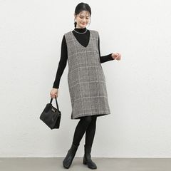おしゃれワンピース Vネック ウールベストドレス アウター用レディーススカート　秋冬向けジャパニーズスタイル チェック柄 スリム見え ノースリーブ 膝丈ロングドレス