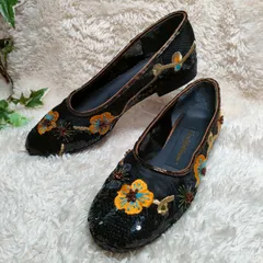 Beverly Feldman スパンコール刺繍　オレンジフラワー　シースルー　バレエシューズ　フラットパンプス　メッシュ　24.0cm