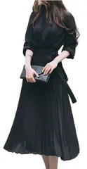 [Four leaf] 上品 プリーツ ロング ワンピース レディース 長袖 春 秋 きれいめ ハイウエスト ドレス ロングワンピ フォーマル セミフォーマル リボン ロング丈 春物 大きいサイズ (M, 黒) [ブラッ���] [M]