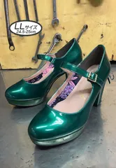 ♡新品未使用♡ LLサイズ 24.5cm-25cm ヨースケ YOSUKE 厚底パンプス レディース グリーン 厚底 ストラップパンプス リボン エナメル 約9cm リボンヒール 人気商品 MY504-445