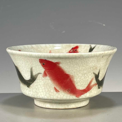 釉里紅手画三魚紋斗笠碗 陶磁器 茶道具 装飾品 工芸品 美術品 置物
