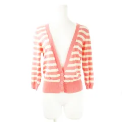 レイビームス Ray Beams The Way of Chic カーディガン ニット 深Vネック 七分袖 ショート丈 コットン さっくり 薄手 ボーダー ピンク /CK10