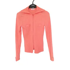 Z1567美品！エル（ELLE ）リブ編み セーター オレンジ ピーチ ピンク フルジップ カーディガン アウター
