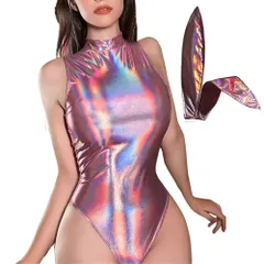 [MORApink] バニー ガール セクシー コスプレ ハイレグ レオタード うさぎ 光沢 耳 エナメル M サイズ スーツ 可愛い コスチューム 穴あき オープンクロッチ 仮装 レディース ピンク うさ耳 ランジェリー 衣装 クリスマス ハロウィン [M]