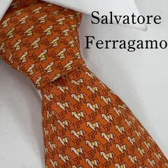 《美品》Salvatore Ferragamo (サルヴァトーレフェラガモ)  シルクネクタイ 動物柄 馬 オレンジ系