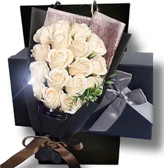 Capiner ソープフラワー 結婚記念日 薔薇 花束 プレゼント ギフト 造花 誕生日 還暦 母の日 父の日 メッセージカード ショップバッグ付 18本(シャンパンホワイト)