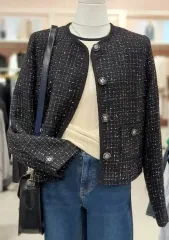 SOUP(スープ) ノーカラー シルバーパルス ツイード クロップド ジャケット 66 サイズ 新品