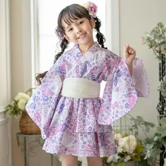 【小花柄猫ライラック】着崩れしないワンピース浴衣ドレス キッズ TAK キャサリンコテージ