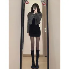ワンピース 長袖 レディース 春秋 新作 ハイウエスト セクシー スリム Vネック ボディコン ショートワンピースFS1210