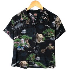古着 ハーレーダビッドソン Harley-Davidson 総柄 鷲柄 イーグル柄 オープンカラー ハワイアンアロハシャツ ハワイ製/eaa544858