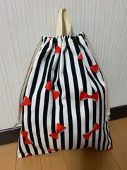 ブラック×ホワイト　ストライプリボン　体操着袋　ハンドメイド
