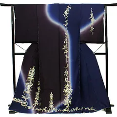 訪問着 豪華 手刺繍 正絹 濃紫色 紺色 花 更紗 最高級丹後ちりめん 未仕立て 仮絵羽 上品 エレガント フォーマル 結婚式 パーテ No.2-0113