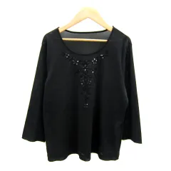 ハナエモリ HANAE MORI カットソー 長袖 ラウンドネック 無地 スパンコール装飾 シースルー 3 黒 ブラック /SY29のサムネイル