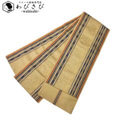 半幅帯 本場筑前博多織 証紙付 縦縞 花柄模様 麦藁色 D-2061