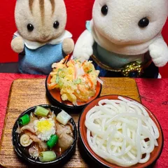 747肉うどんとかき揚げセット⭐️ミニチュアフード　ドールハウス　ドール　バービー　リカちゃん　シルバニア　樹脂粘土　ねんどろいど　ブライス　フィギュア　オビツ　ぬいぐるみ　フェイクフード　食品サンプル　エイミーショップ