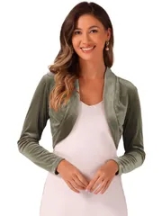 Allegra K クロップド ボレロ カーディガン ドレス 長袖 シュラグ ベルベット オープンフロント レディース オリーブグリーン XL