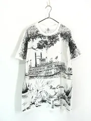 古着 New Orleans 遊覧船 風景 モノクロ デッサン アート オールオーバー Tシャツ L 古着