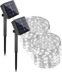 【NHD白　2個　ガーデンライト】電気代ゼロ ガーデンライト イルミネーションライト ストリングライト 太陽光充電対応 20M 200LED 8モード点灯 自動点灯 防水対応 屋外飾りライト 玄関庭 ベランダ フェンス キャンプ用 クリスマスツリー装飾用