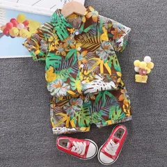 キッズ セットアップ 花柄  半袖シャツ 半ズボン 2点セット グリーン 100cm 110cm 120cm