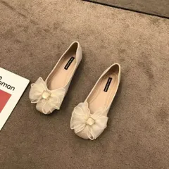 ☆ アイボリー ☆ 38(24cm) ☆ リボンパンプス シューズ ペタンコ パンプス ぺたんこ かわいい フラットシューズ ぺたんこ靴 ペタンコ靴 スクエアトゥ ローヒール バレエシューズ フォーマル 結婚式 柔らかい 疲れにくい Vカット リボン お出かけ