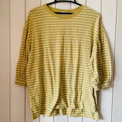 TS-70  GLACIER ボーダー カットソー 七分 マスタード からし色 しぼり袖 丸襟 Lサイズ ミャンマー製 ハニーズ