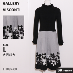 ★美品★ GALLERY VISCONTI ギャラリービスコンティ ワンピース　ミディ丈　長袖　花柄　ニット　異素材　ドッキング　サイドジップアップ　裏地付き　日本製 　ブラック　グレー　 【H1097-00】 送料無料　古着　レディース