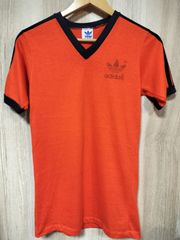 【人気カラー】80's adidas 半袖Tシャツ 3本ライン Vネック Orange×Black