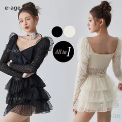 夏 水着 レディース ワンピース オールインワン 体型カバー リボン 長袖 おしゃれ かわいい 黒 白 スクエアネック ティアード レース