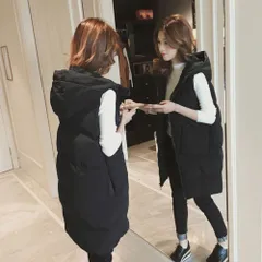 ☆ ブラック ☆ Mサイズ ☆ ロングベスト 秋冬 kvest06 ダウンベスト レディース ロング ロングダウンベスト パーカー フード付き ノースリブ 軽量 ゆったり 大きいサイズ 体型カバー おしゃれ アウター 40代 20代 30代 ブラック