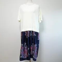 #snc ローズティアラ Rose Tiara ワンピース 50 白 紺 半袖 切替 ニット 異素材 刺繍 花柄 大きいサイズ ロング レディース [812011]