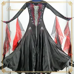 【社交ダンス衣装】ブラック ワンピース ドレス 黒 赤 レッド デモ 競技用 ダンス用 クロッチ フロート レース フリル 石 ロング スカート 長袖 ダンスウェア ストーン かわいい 綺麗 きれいめ かっこいい シック 大人っぽい レディース 女性用 映え