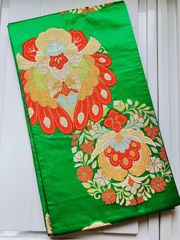 袋帯 正絹 / 緑色系 グリーン系 / 豪華な柄 草花文 幅約31cm 着物帯 TCS着物 W57