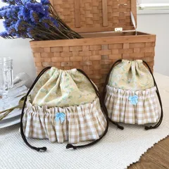 【sale】巾着　お弁当袋・コップ入れ　フリル　花柄　チェック　イエロー　黄色