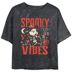 【送料無料】 ディズニー レディース Tシャツ トップス Disney's Mickey Mouse Skeleton Spooky Vibes Juniors' Cropped Graphic Tee Black