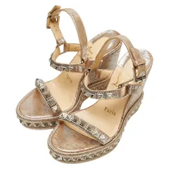 クリスチャンルブタン ピラリヤド スタッズ ウェッジソールサンダル サイズ：34 ゴールド ベージュ レザー グリッターキャンバス レディース Christian Louboutin【1-0209540】