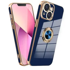 MiaoKeDa iphone14 リング ケース 耐衝撃 リング付き TPU 車載ホルダー ストラップホール付き メッキ加工 スマホケース ネイビーブルー 1