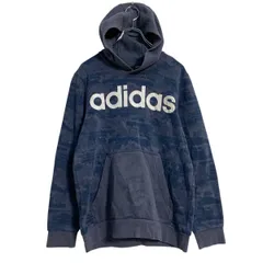 adidas ロゴスウェット パーカー キッズ 150 ～ ネイビー アディダス スポーツ プルオーバー 裏起毛 総柄 古着卸 アメリカ仕入 a701-6900