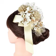 髪飾り リボン 卒業式 袴 花 白 クリーム色 ゴールド つまみ細工 レース パールビーズ 大きい 小さい 大人可愛い 粋 日本製 お No.9-5162
