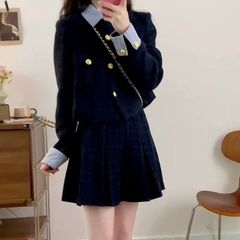 【新品】フレンチガーリー♡ツイードジャケット＋プリーツスカート レディース セットアップ スーツ フォーマル S M L　F0830
