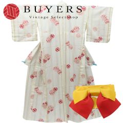 【中古】 浴衣 2点セット 作り帯 M 綿 麻 ポリエステル オフホワイト くすみカラー イエロー レッド バイカラー リボン 可愛い 和装 呉服 和服 きもの レディース 女性