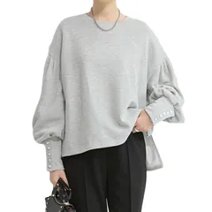 【新着商品】秋 春 冬 バルーンスリーブ トップス スウェット 秋冬 パーカー 長袖 レディース プルオーバー ゆったり クルーネック トレーナー 可愛い ボリューム袖 ボタン付き Lyric] おしゃれ 春服 キレイめ [TeMibery 体型カバー 韓国