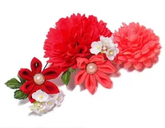 髪飾り 成人式 つまみ細工 赤 振袖 袴 花 コーラルピンク 白 ちりめん 大きい 小さい 3点セット 着物 和装 Uピン 大人 かわいい No.9-3758