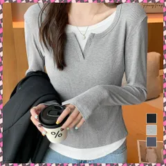 送料無料 レイヤード風Tシャツ スリットネック秋服 レディース 重ね着風 カットソー 大人カジュアル 細見えTシャツ シンプル ストレッチフィット インナートップスおしゃれ 着やせトップス 黒 長袖タイトtシャツ 細身カットソー無地