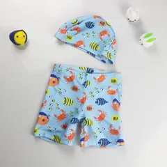 ☆ カニ×ライトブルー ☆ 95-105cm ☆ キッズ 男の子 スイムパンツ yswim5058 ベビー 水着 男の子 キャップつき 2点セット スイムパンツ パンツ 赤ちゃん スイムウェア スイムキャップ ベビースイミング スイミング 幼稚園 保育園 帽子