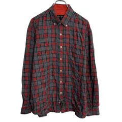 長袖 チェック ネルシャツ L チャコールグレー レッド ボタンダウン 胸ポケット ワンポイント カジュアル 古着卸 アメリカ仕入 a703-6509